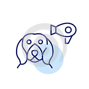 Dog and hairdryer. Professional pet grooming and styling. Pixel perfect, editable stroke icon