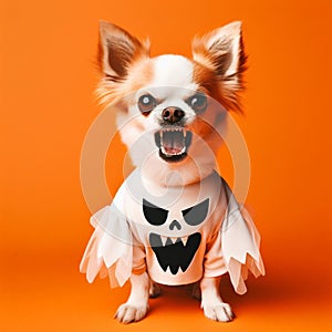 dog in halloween costume over an orange background and some spooky ornaments