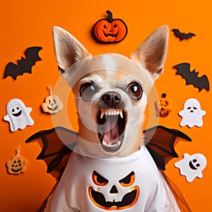 dog in halloween costume over an orange background and some spooky ornaments