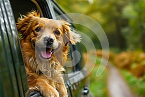 Dog is hanging out of car window looking at the camera and smiling with its tongue out. Generative AI