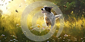 A dog happily bounds through a field, its tail wagging fiercely as it chases butterflies fluttering in the sunlight