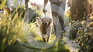 A dog happily trots alongside its owner who is walking through a serene urban oasis complete with grassy paths and