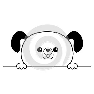 Dog happy face head icon. Hands paw holding table line. Contour silhouette. Cute cartoon pooch character. Kawaii animal. Funny bab