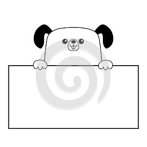 Dog happy head face silhouette hanging on paper board template. Hands paw. Contour line. Cute cartoon pooch character. Funny baby