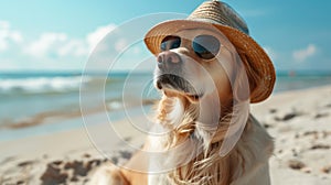 Dog in a hat and glasses sits on the beach of the sea or ocean. Summer holiday and vacation concept. holidays with pets