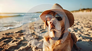 Dog in a hat and glasses sits on the beach of the sea or ocean. Summer holiday and vacation concept. holidays with pets