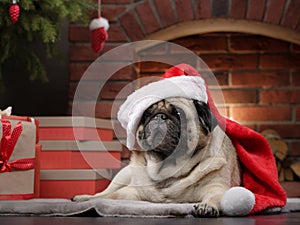 dog in a hat of Santa Claus. Pug by the fireplace in the Christmas interior.