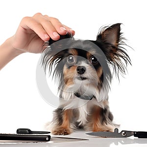 dog having a hair cut. picture showing dog and barbers hand with scissor on white background