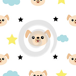 Dog head, hands. Cloud, star shape. Cute cartoon kawaii character. Baby pet collection. Seamless Pattern Wrapping paper, textile t