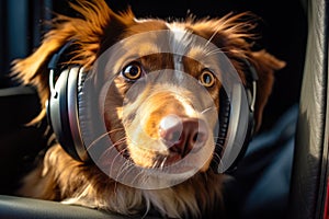 Dog with Headphones Enjoying Music in Car generative ai