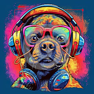 Dog with a headset listening to music vector illustration for tshirts