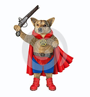 Dog hero in red cloak with pistol