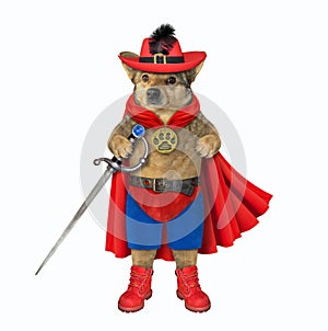 Dog hero in red cloak with sword