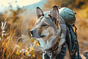 Dog hiker with backpack in adventures