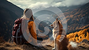 A dog hiking, looking at mountain beauty, enjoying nature generated by AI