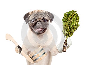 Dog holding birch broom and ladle. isolated on white background