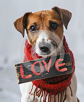 A dog holding a sign that says love