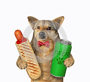 Dog holds hot dog and beer can 2