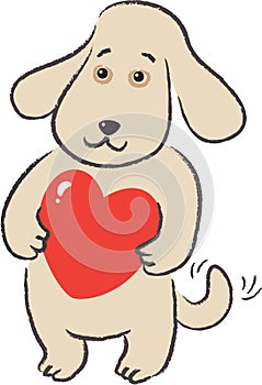 Dog holds in paws gift-heart