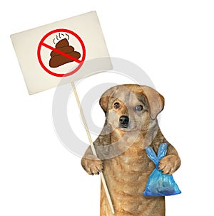 Dog holds poop bag and sign