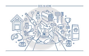 Dog in home contour banner with pet toys, meds and puppy meals. Horizontal outline line art vector illustration.