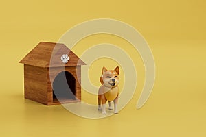 dog house. the dog stands near the booth on a yellow background. copy paste, copy space. 3d render