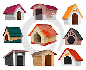 Dog house icon set. Cartoon pet accessory. Petshop supermarket item. Empty pet home with roof. House for domestic animal photo