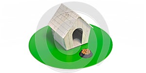 Dog house and kibbles bowl isolated on white background, wooden shelter for pet home. 3d illustration