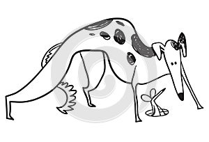 Dog hunting mouse in the hole. Cute doodle sketchy russian borzoi dog. Vector illustration