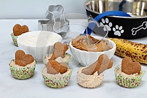 Dog Ice Cream cupcakes with a biscuit.  Yogurt, banana and peanut butter in the image