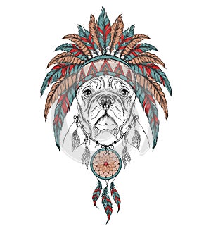 Dog in the Indian roach. Indian feather headdress of eagle. Hand draw vector illustration