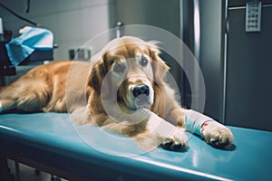 Dog with injured leg in vet clinic. Generative AI illustration