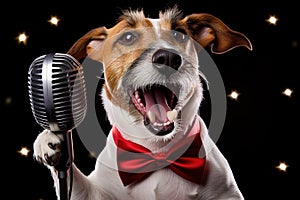 dog Jack Russell singing with microphone