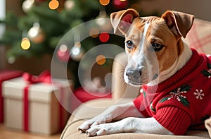 dog of the Jack Russell terrier breed in a New Year\'s sweater lying on the sofa near the New Year\'s, Christmas tree photo