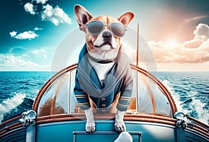 A dog in a jacket and sunglasses travels on a yacht. AI Generated