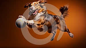 Dog jumping in the air with ball in it\'s mouth