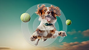 Dog jumping in the air with ball in it\'s mouth