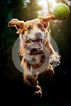 Dog jumping in the air with ball in it\'s mouth