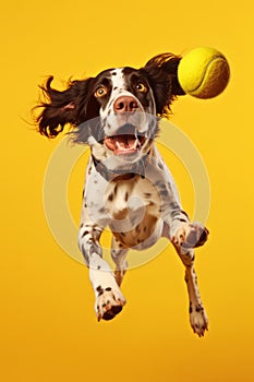 Dog jumping in the air with tennis ball in its mouth on yellow background. Generative AI