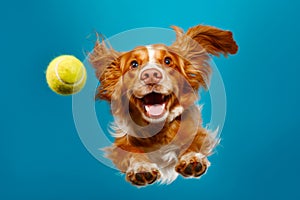 Dog jumping in the air to catch tennis ball with its paws. Generative AI