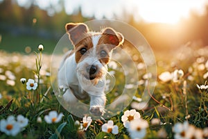 Dog jumping on a flower meadow