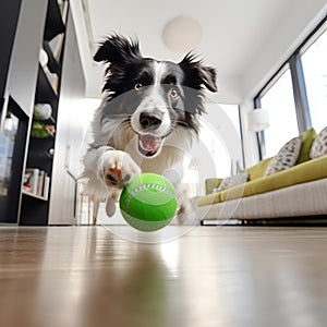 a dog is jumping while holding a green ball and chasing