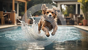 A dog jumping over a pool of water.