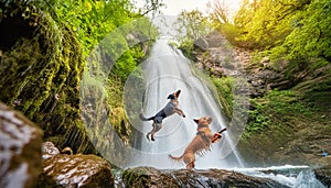 the dog jumping in the waterfall in the forest