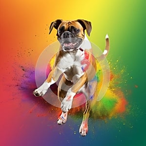 Dog jumps up among the colors of Holi