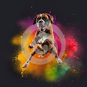 Dog jumps up among the colors of Holi