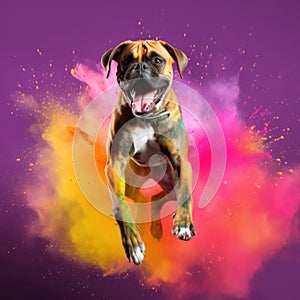 Dog jumps up among the colors of Holi