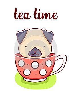Dog kawaii cartoon cute, illustration, tea time, hand drawn isolated on white background