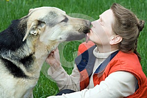 Dog kissing his mistress