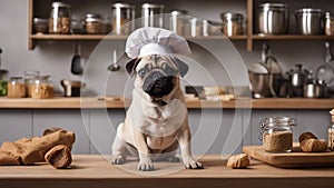 dog in a kitchen A pug puppy wearing a tiny chef\'s hat and apron, standing on a stool in a kitchen, hilariously photo